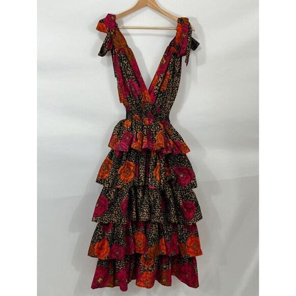 ELISAMAMA Sz S Small One Midi Dress Fuchsia Orange Black Floral Tiered Ruffle - Picture 10 of 11